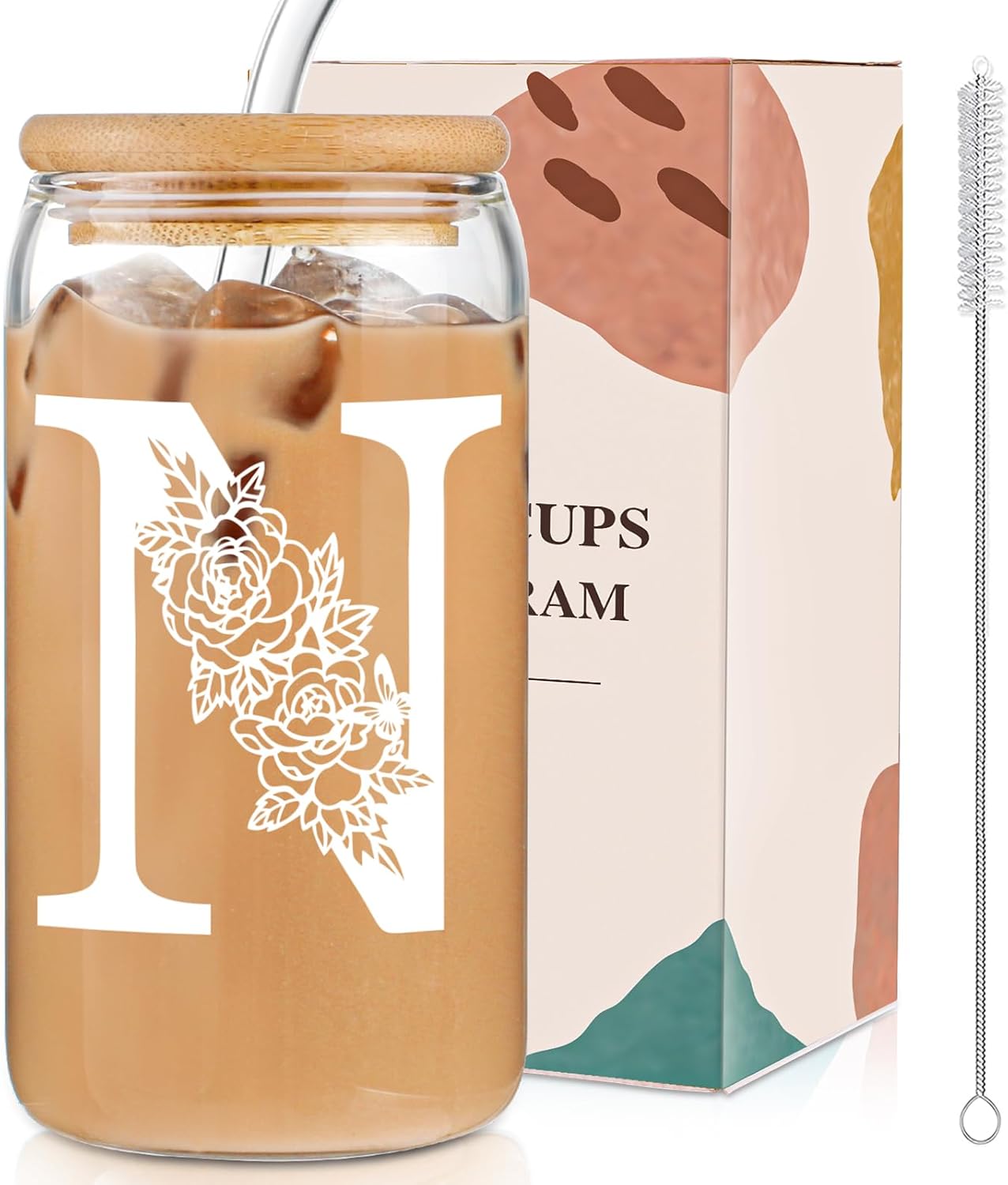 DWTS DANWEITESI Valentines Day Gifts for Her,Ini-tial Glass Cup Monogrammed Gifts for Women,Cute Cup Beer Tumbler for Personalized Valentine Gifts,Bridesmaid Gifts,Birthday Gifts,Friend Gifts-N(1pcs)