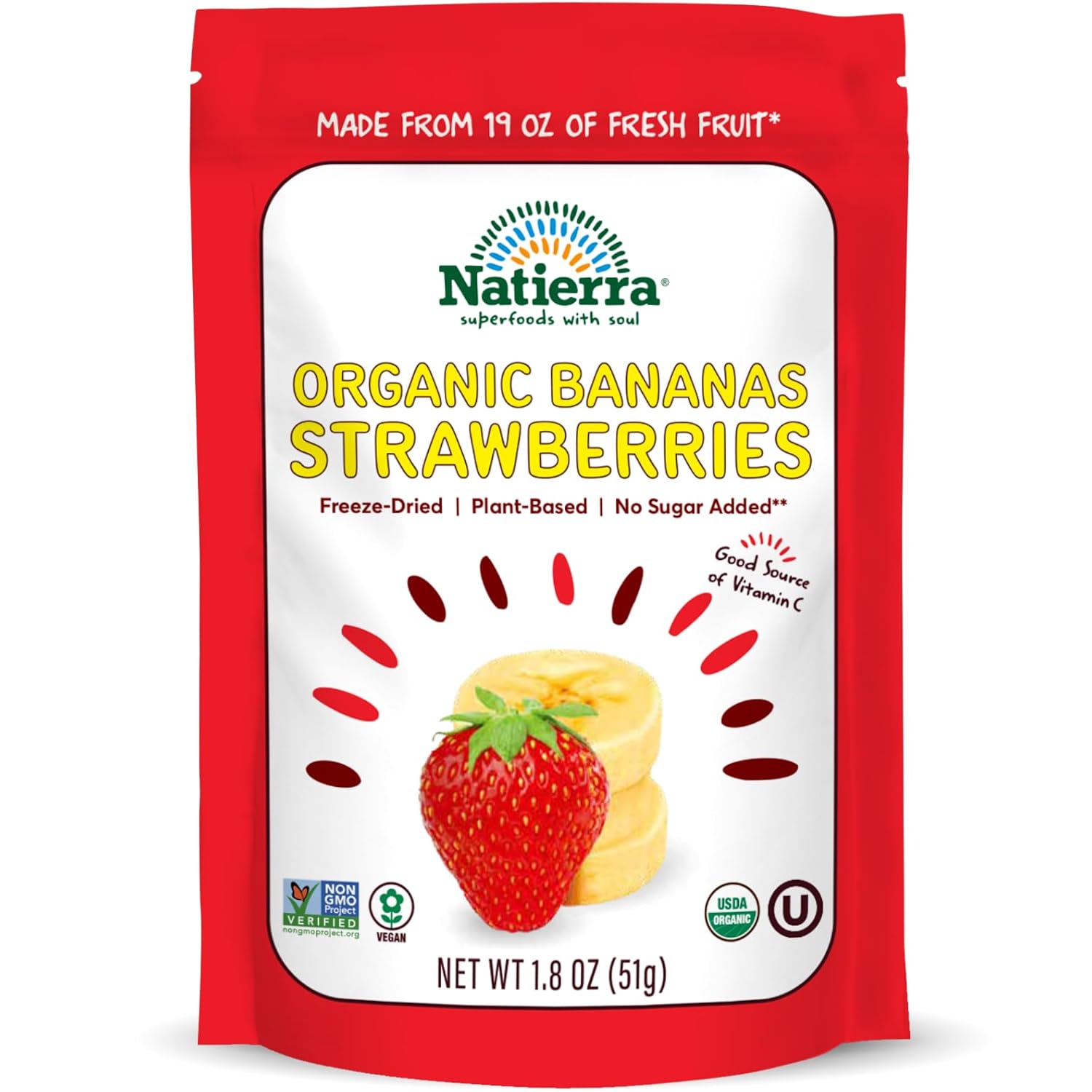 NATIERRA Nature's All Foods Organic Freeze-Dried Bananas and Strawberries | Non-GMO & Vegan | 1.8 Ounce