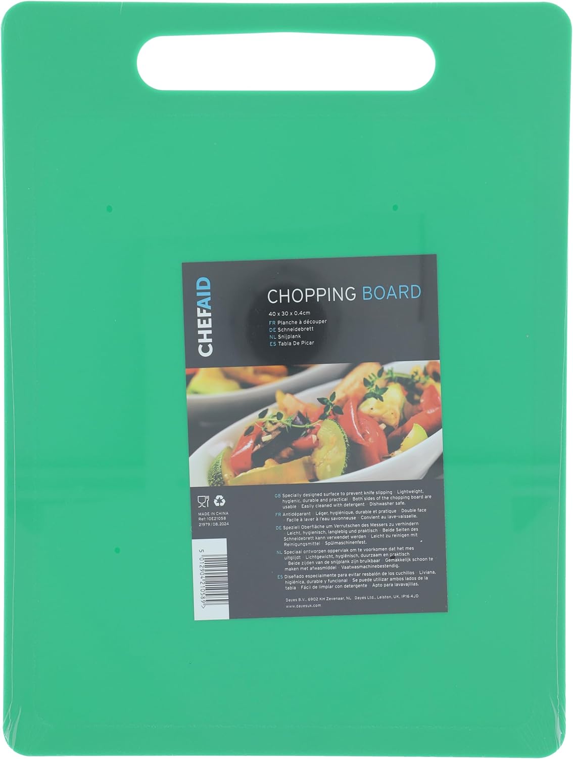 Chef Aid Large Green Poly Chopping Board, Multipurpose Anti-Slip Surface, Easy Clean and Dishwasher Safe with Handle, 40 x 30cm, Other Colour Options Available