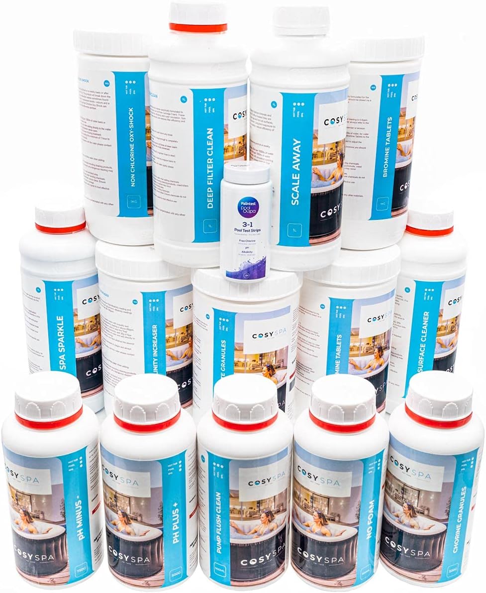 CosySpa Hot Tub Chemicals - Hot Tub Chemical Starter Kit & Cleaning Kit | Hot Tub Test Strips, Bromine Granules, Chemical Floater, Surface Cleaner & More (Hot Tub No Foam [1l])