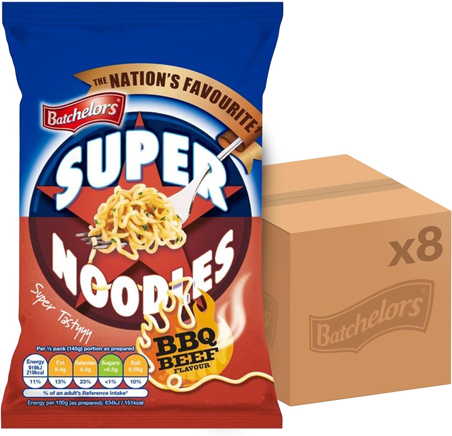 Batchelors Super Noodles Tasty BBQ Beef Flavour, Instant Snack Ready in 4 Minutes, 90 g Packet (Pack Of 8)