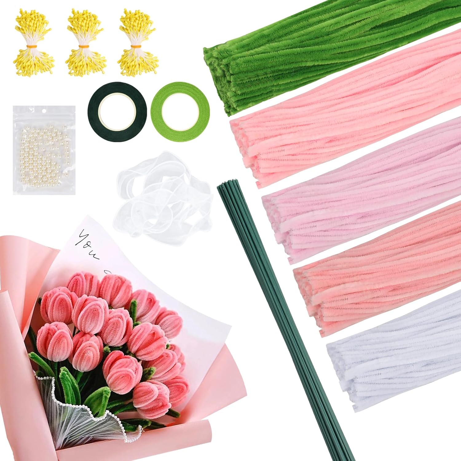 500pcs Pipe Cleaners for Craft Flowers, 30cm Long Flexible Pipe Cleaners for Tulip Bouquet, Chenille Stems DIY Arts, Pipecleaners Kit with Florist Tape for Creative Handmade DIY Decorations (Pink)