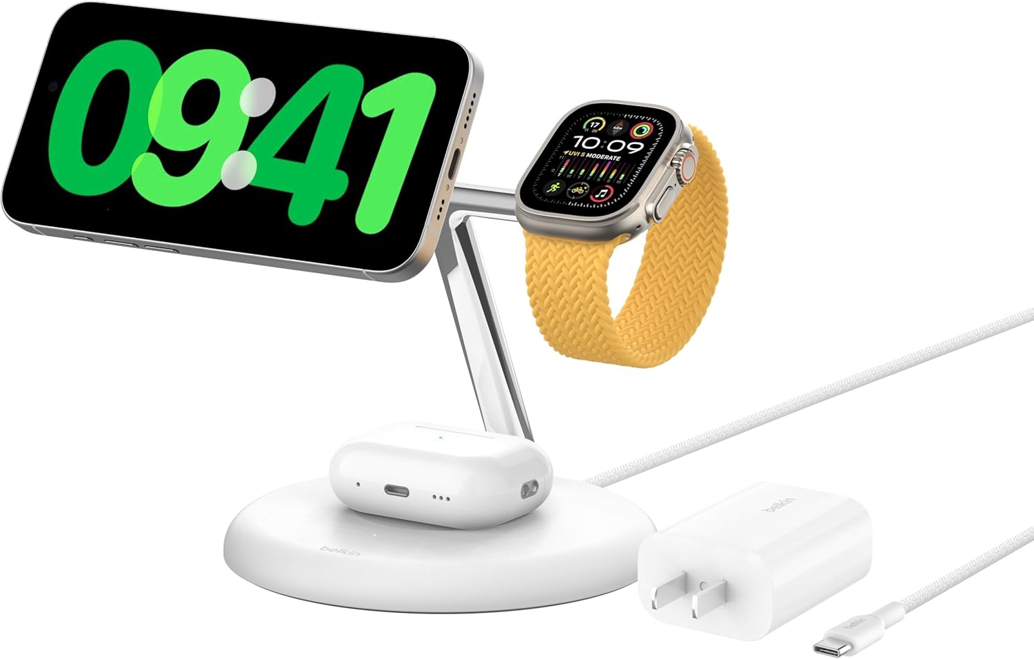 Belkin MagSafe-Compatible 3-in-1 Wireless Charger Stand 15W - Qi2-Certified Wireless Charging Station, Fast Charging of iPhone 16, AirPods, & Apple Watch - 36W Included - White