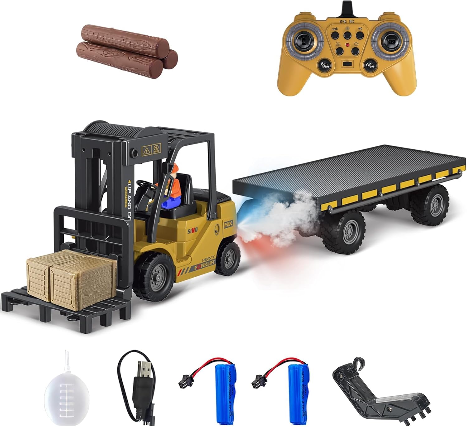 Mostop RC Forklift with Carrier Slab Construction Toy,1/24 Remote Control Forklift Toy with Boxes/Sound and Light Spray,Two Rechargeable Batteries and Charger,Gifts for Boys and Girls
