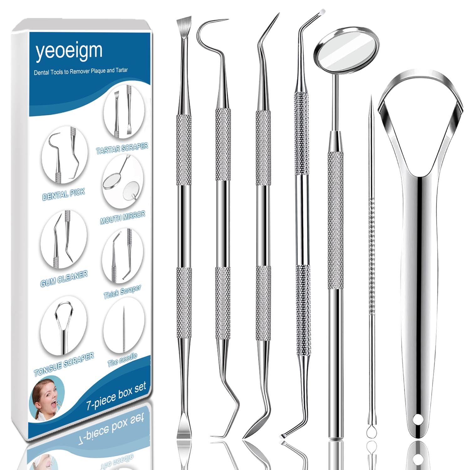 7pcs Dental Tools, Dental Pick Teeth Cleaning Tools Hygiene Kit, Professional Stainless Steel Tooth Scraper Plaque Tartar Cleaner - with Case, Personal Using, Pets - Teeth Cleaning Kit
