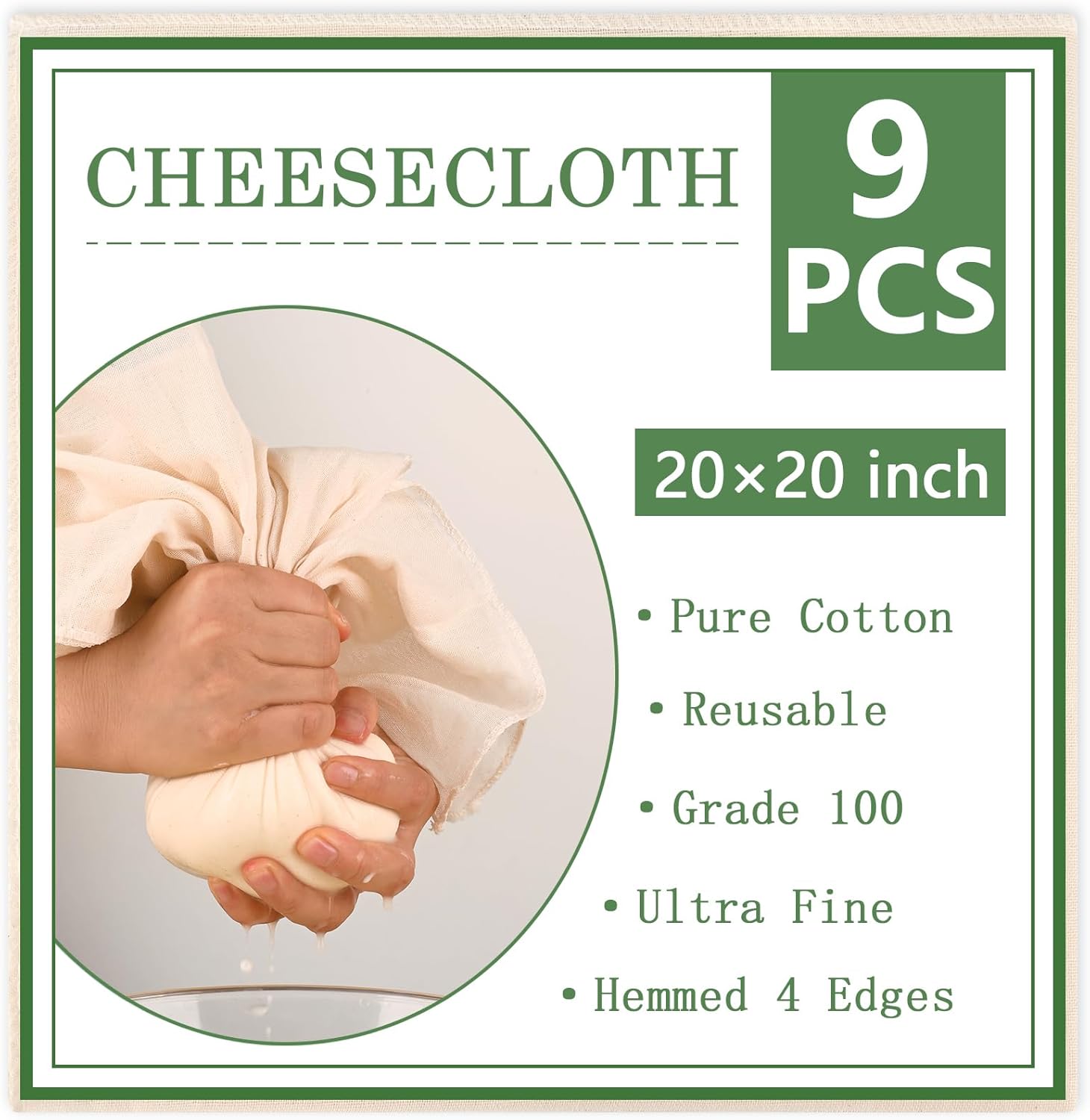 WMKGG 9 PCS Reusable Unbleached Cotton Cheese Cloth 20x20 Inch, Grade 100 Precut Cheesecloth for Straining Hemmed 4 Edges Fine Mesh Cotton for Cooking, Juicing, Cheese Making, Baking, Yogurt