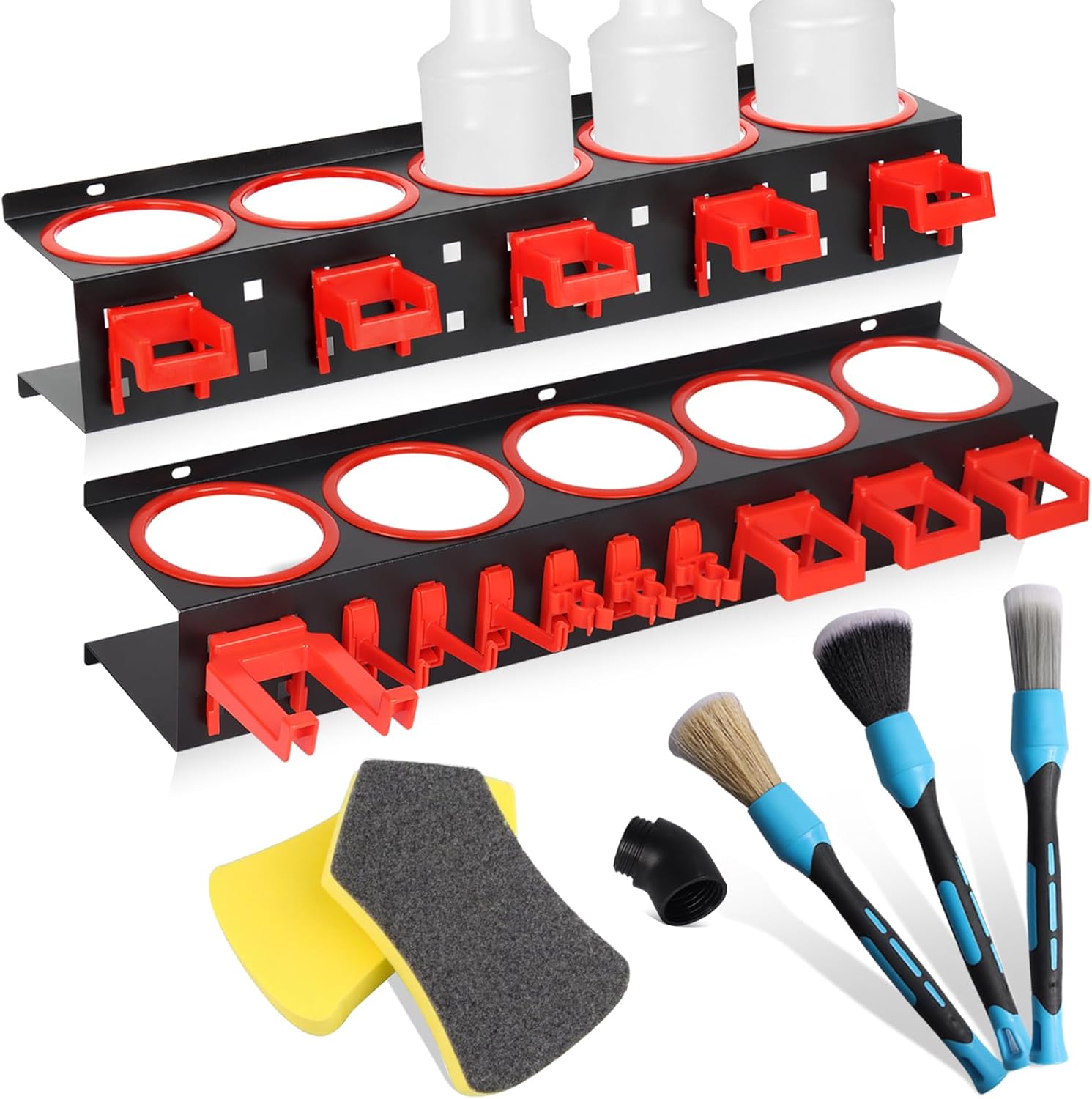 Spray Bottle Holder, 2 Wall Mounted Spray Can Rack, Detailing Bottle Holder, Space Saving Garage Organiser with Hooks & Brushes Set, Steel Shelf Organiser for Vans Garage Car Shop Workshop Workplace