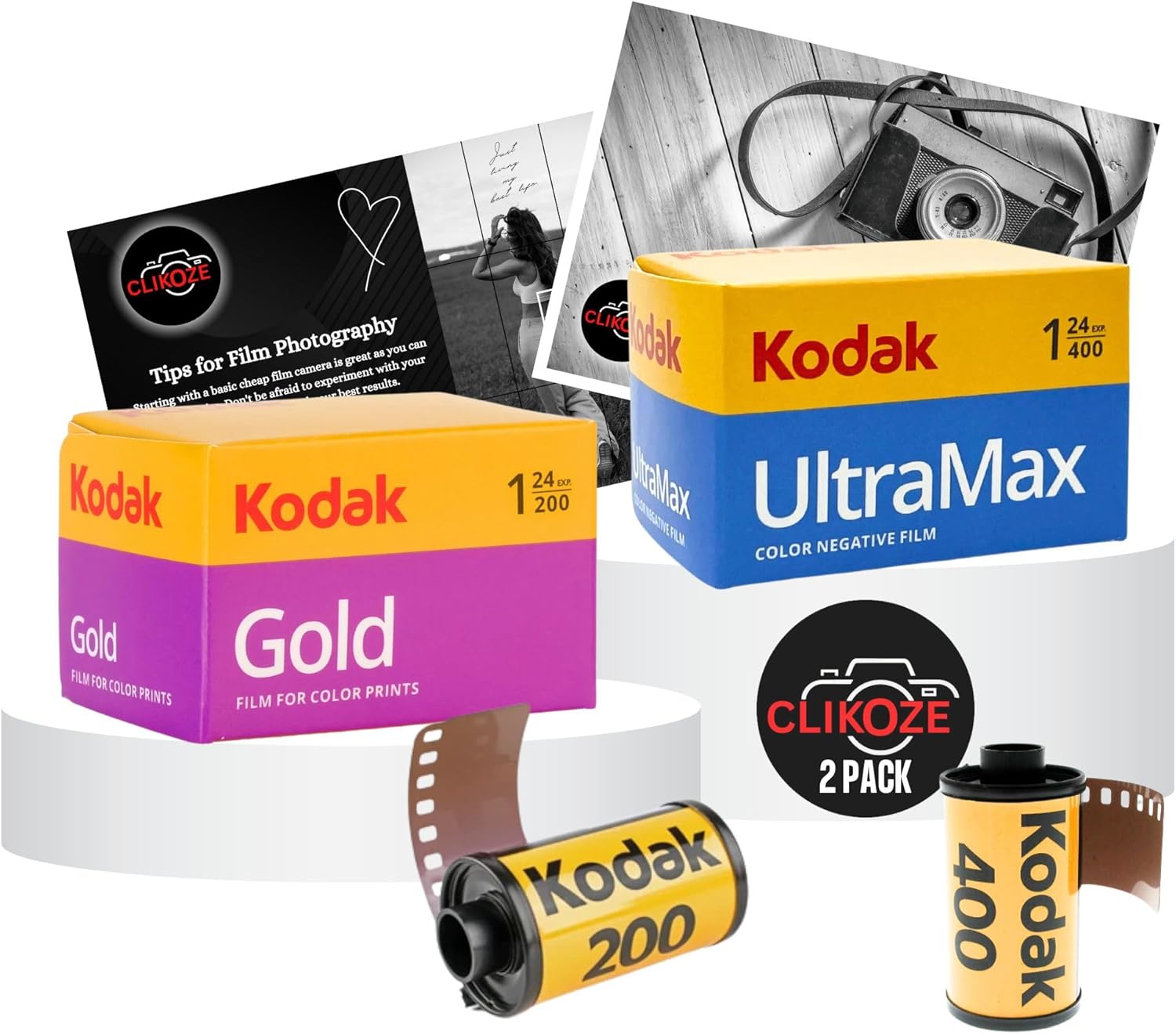 35mm Film Bundle with Kodak Gold 200 24 EXP, Kodak Ultramax 400 24 EXP and Clikoze Camera Film Photography Tips Card
