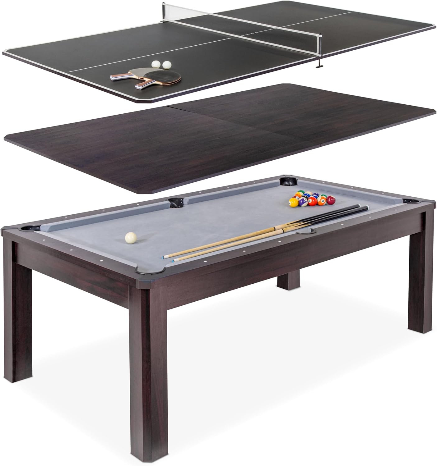 GoSports 7 ft 3 in 1 Pool, Dining, & Table Tennis Combo Table and Storage Benches - Convertible Top Game Table with Billiards and Table Tennis Accessories