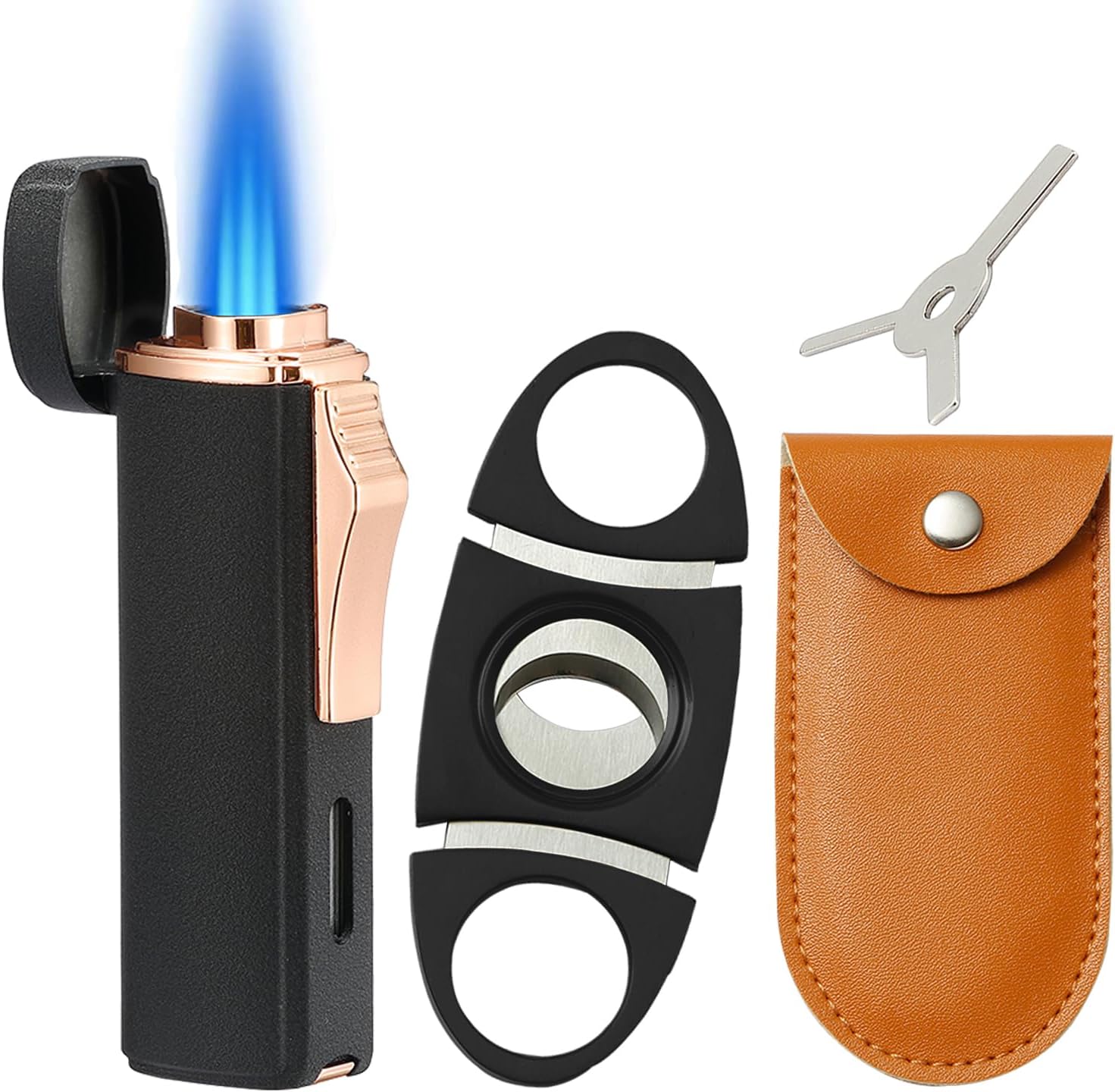 Futlidys Lighter and Cutter Set, Built-in Punch, Triple Jet Flame Gas Lighter, Refillable Windproof Butane Lighters. Black(Sold Without Gas)