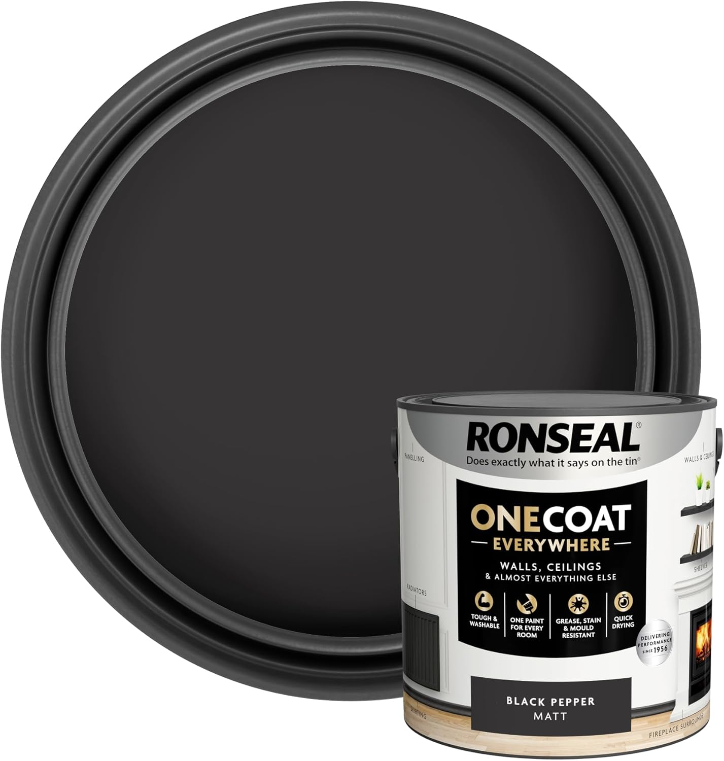 Ronseal One Coat Everywhere Paint Black Pepper Matt 2.5 L – Durable Interior Paint for Walls & Ceilings Smooth Finish Quick Coverage Ideal for Easy Home Projects