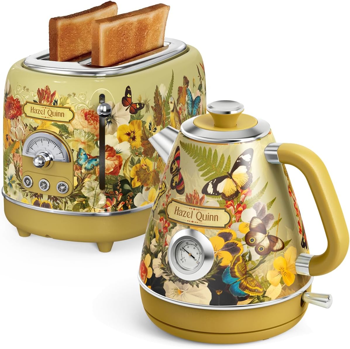 Hazel Quinn X Eduardo Recife Retro Electric Tea Kettle & 2-Slice Toaster Set, Stainless Steel, 1.7L 1200W Fast Boiling, Cordless, BPA-free, Auto Shut-Off, 6 Browning Levels, 3 Functions