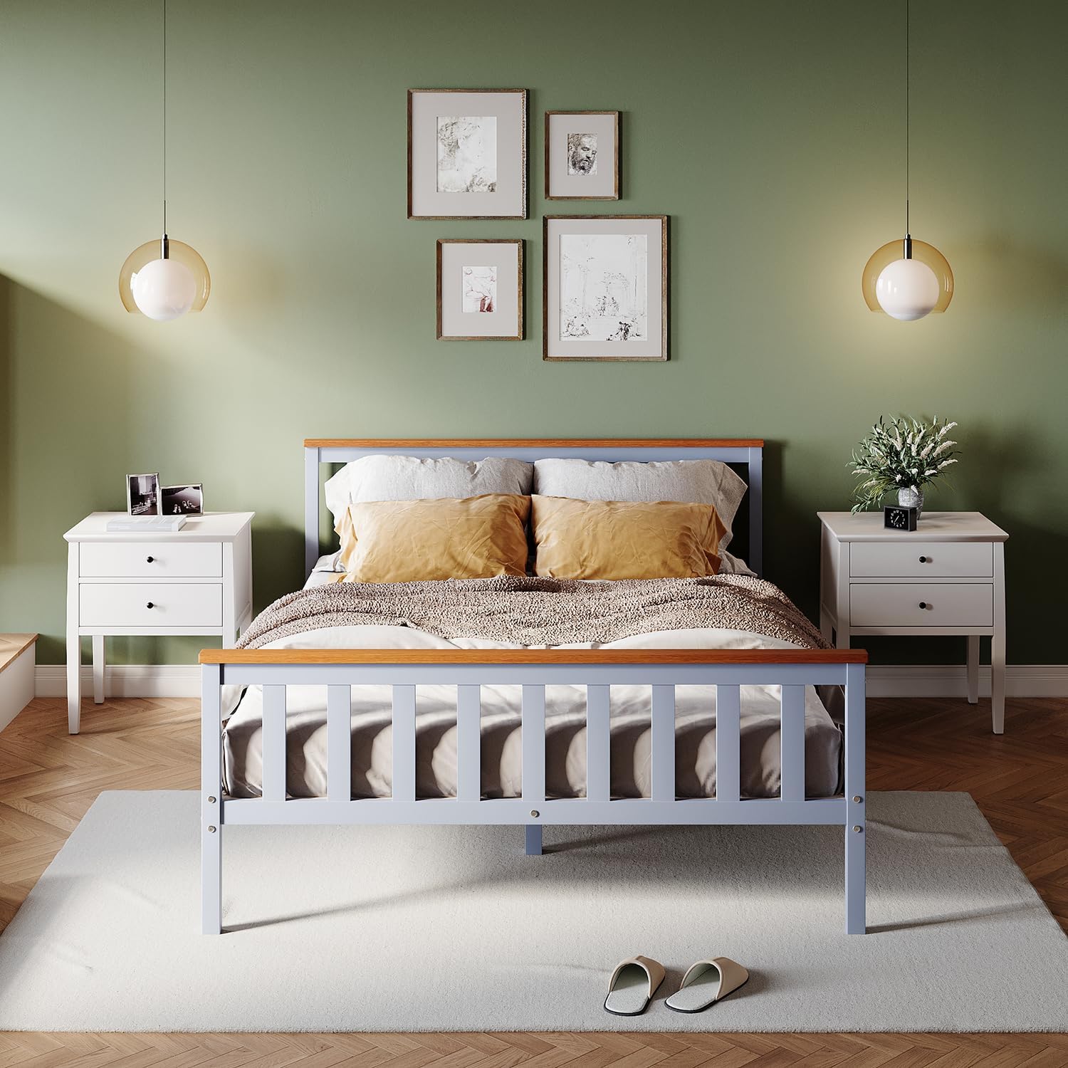 ZANOFIRA 4ft6 Double Bed Frame Solid Pine Wood Bed with Headboard and Footboard, Perfect For Adults Kids Teenagers Fitted Slats Strong Support Legs with Smooth Finish, Grey