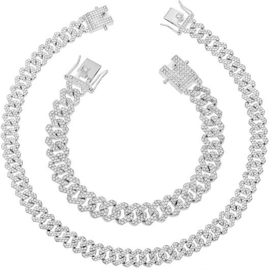 HH BLING EMPIRE 14k Gold/Silver Cuban Link Chain for Women Iced Out Diamond Chunky Cuban Link Necklace Chain Bracelet 2pcs Sets