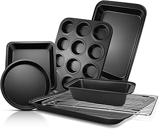 EWFEN Bakeware Sets, Baking Pans Set, Nonstick Oven Pan for Kitchen with Wider Grips, 7-Piece with Round/Square Cake Pan, Loaf Pan, Muffin Pan, Cookie Sheet, Roast Pan, Cooling Rack, Carbon Steel Bake
