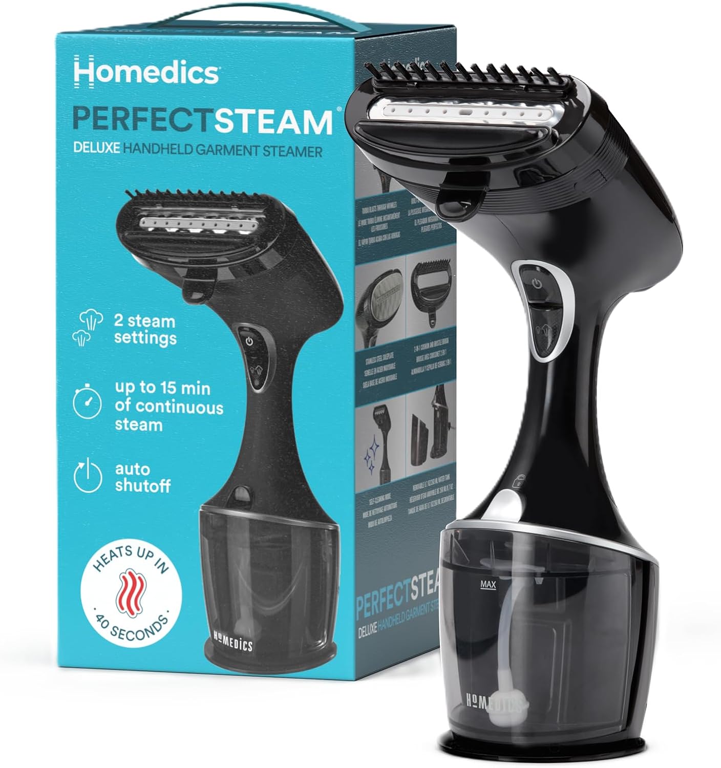 Homedics PerfectSteam Deluxe Handheld Garment Steamer - Fast Heat, Turbo Power, 15-Minute Continuous Steam, Built-In Crease Attachment