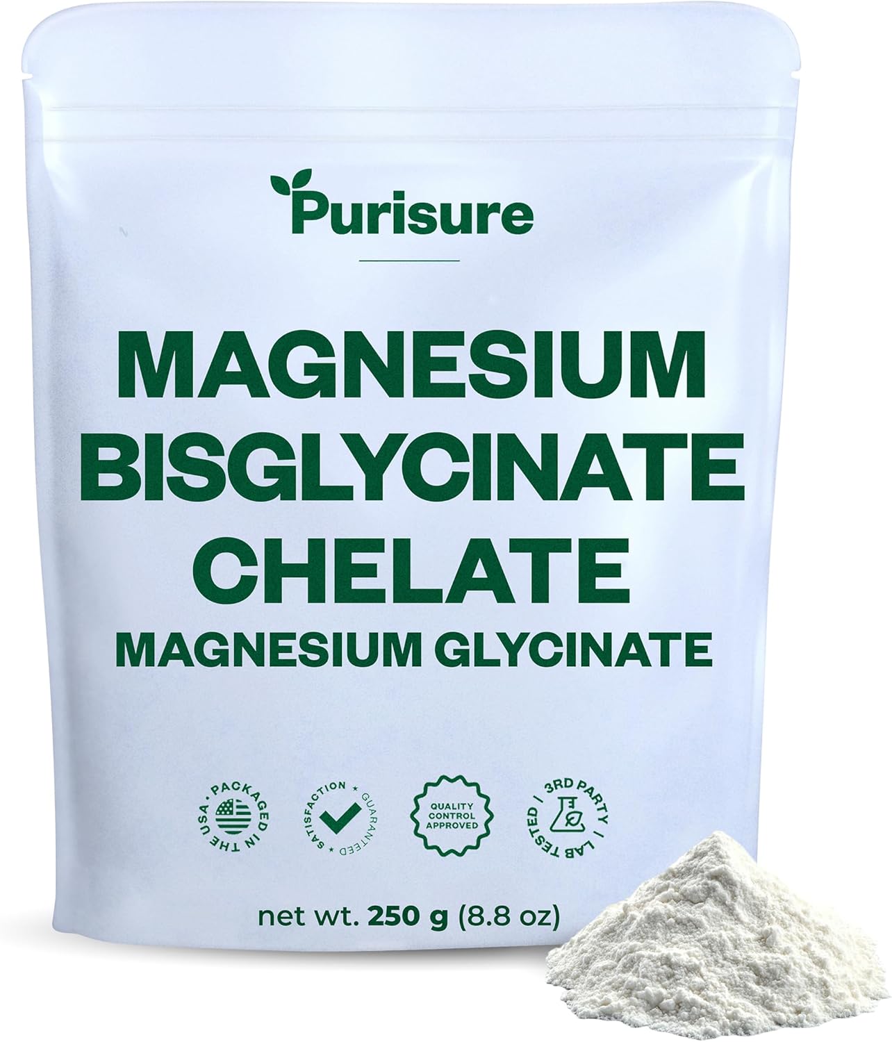 Purisure Magnesium Bisglycinate Chelate, 250g, Pure Magnesium Glycinate Powder for Bones, Magnesium Bisglycinate Chelate for Sleep and Muscle Flexibility, Gluten-Free, Non-GMO, 133 Servings