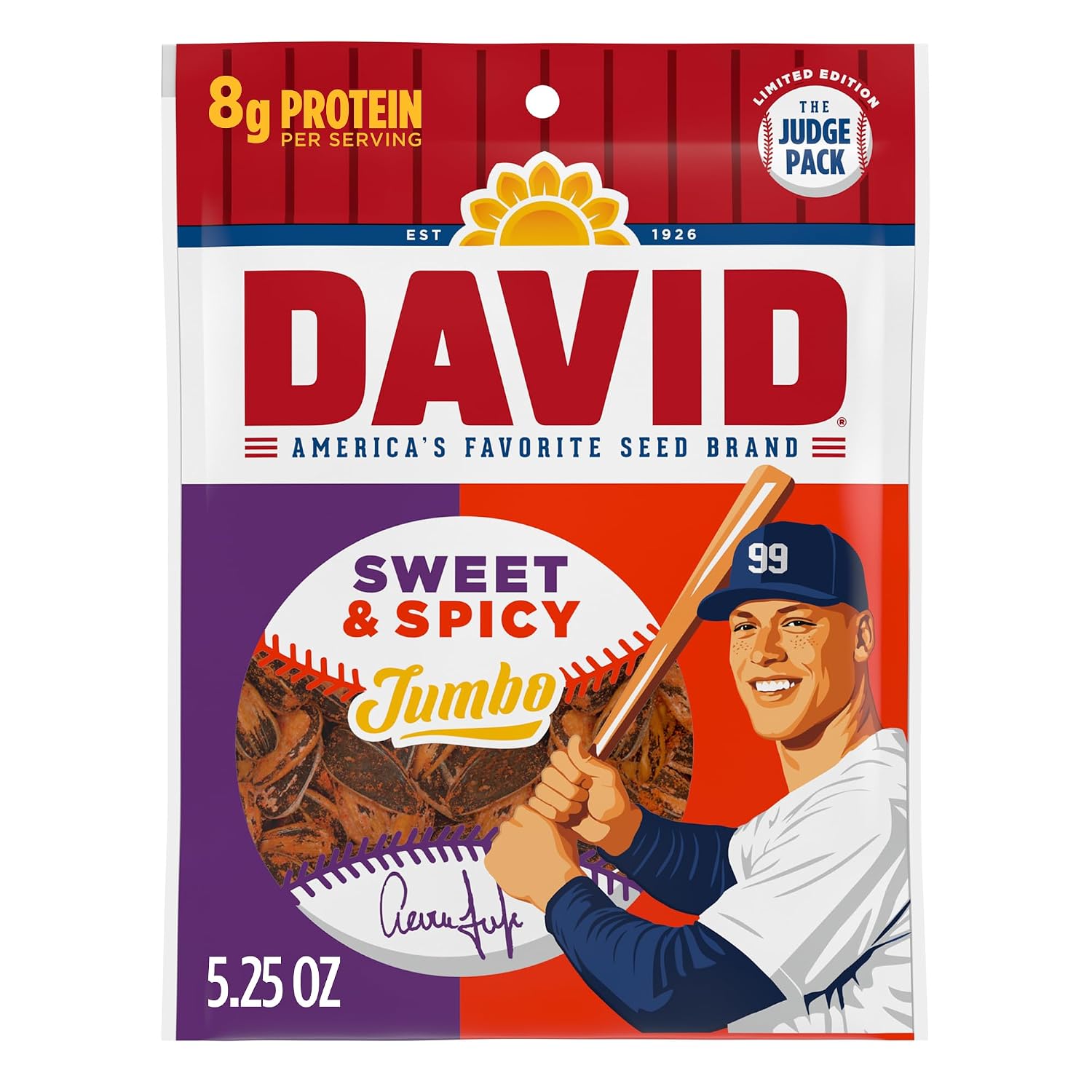 Aaron Judge Limited Edition DAVID Seeds, Sweet & Spicy Jumbo Sunflower Seeds, Bold Flavor, 8g Protein per Serving, Father's Day Baseball Snack for Dad, 5.25 oz (Pack of 12)