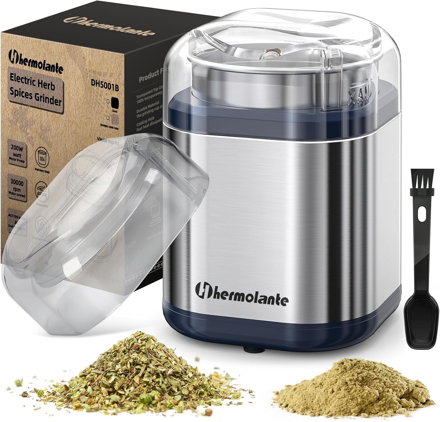 Herb Grinder Spice Grinder, 200 w Herb Grinder with Stainless Steel Blade and Cleaning Brush, Compact Size Electric Grinder for Herbs and Spices -5.11in(Stainless Steel)