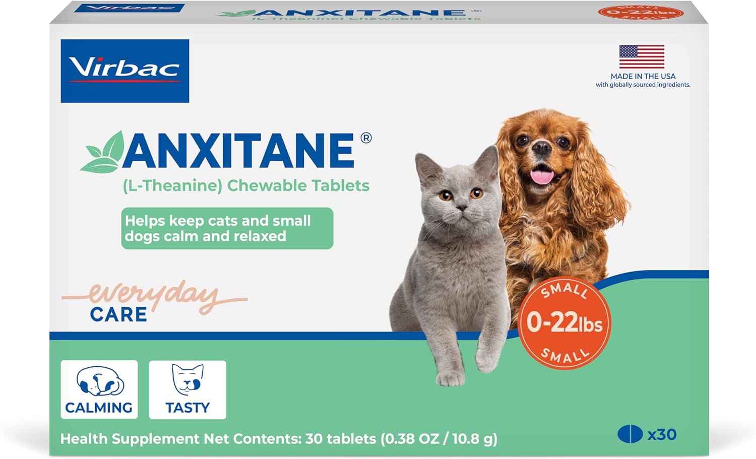 Virbac Anxitane Tablets, Small Dog/Cat, 50Mg, 30 Count | Non-drowsy L-Theanine pet calming supplement chews for small dogs & cats. Supports calm & alert behavior