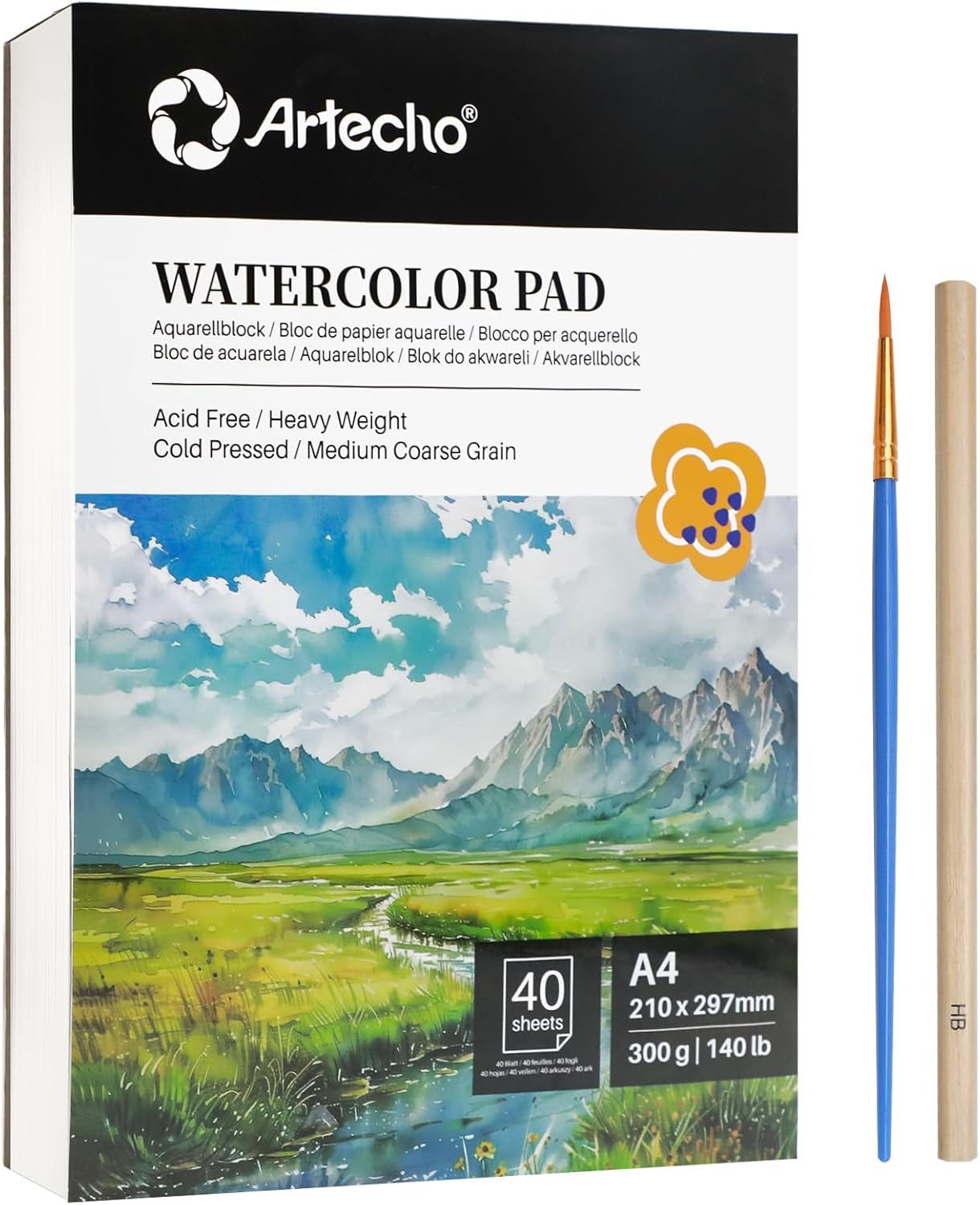 Artecho Watercolour Paper A4 Pad 40 Sheets with Watercolour Brush and Pencil, Water Colour Paper 300gsm, Art Paper Pad, Watercolour Sketchbook for Painting, Drawing, Sketching and Mixed Media