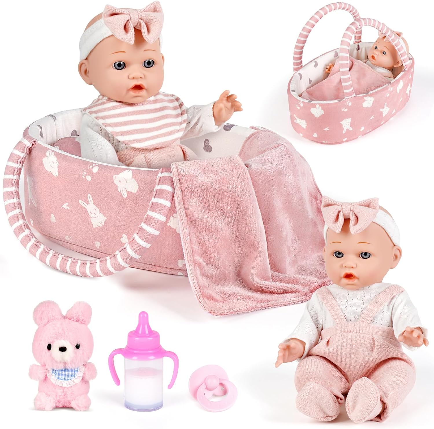 Dreamon Baby Doll Set 12" Baby Doll with Feeding & Caring Accessories, Pink | 11Pcs Doll Playsets with Carrier Bassinet Bed, Bedtime Pretend Play First Baby Doll Toy for 3 4 5 Year Old Girl Birthday Gift