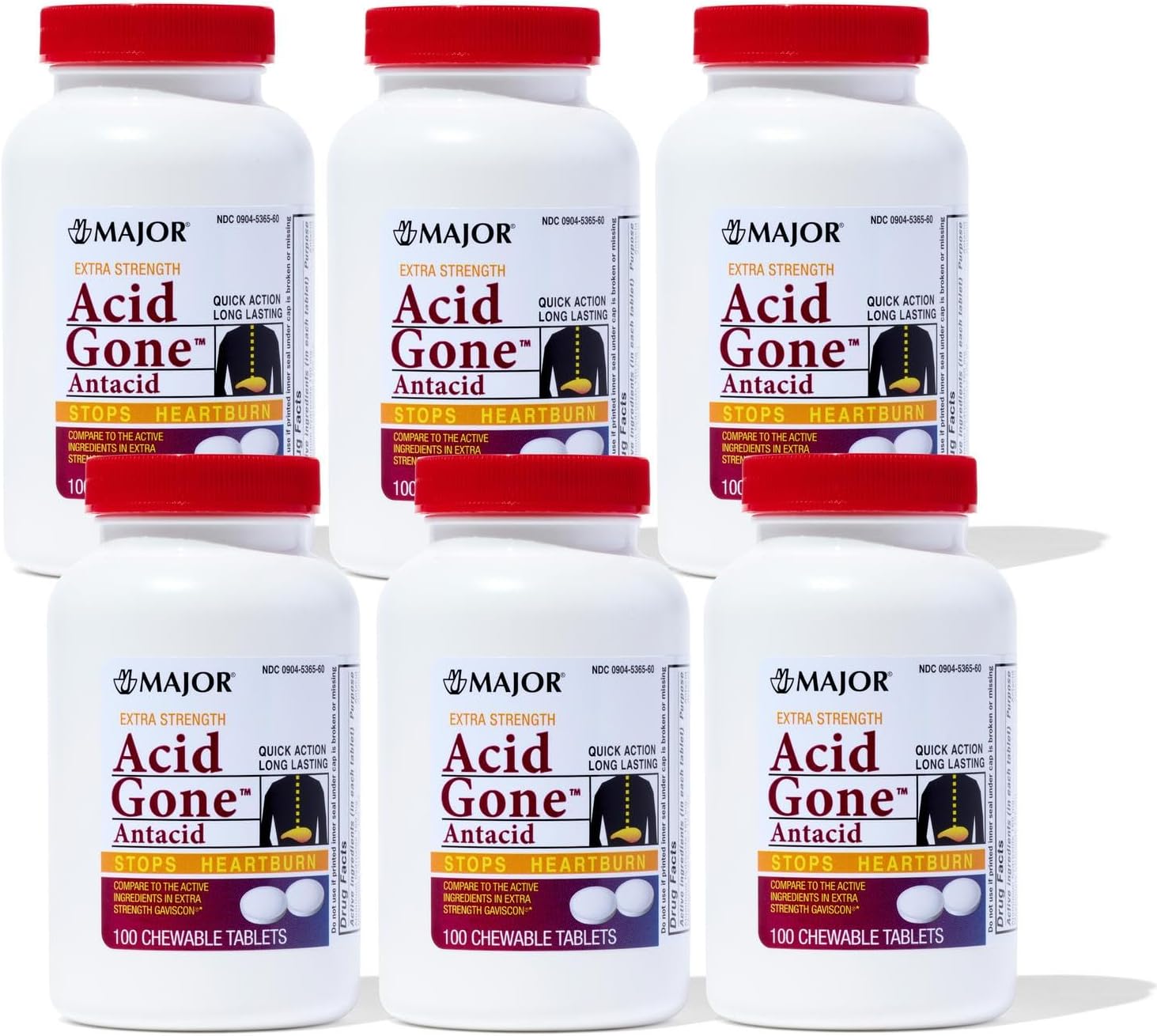 Major Acid Gone Extra Strength Antacid Chewable Tablets - Anti-Acid Relief - Acid Reflux Medicine for Adults - Upset Stomach, Acid Indigestion, and Heartburn Relief - Long-Lasting - 100-Count (6 Pack)