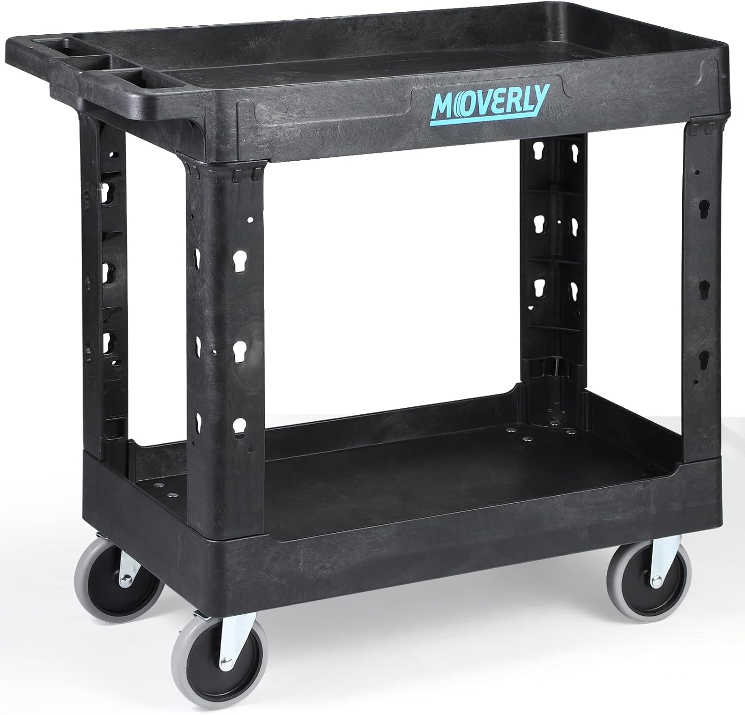 Heavy Duty Plastic Utility Cart, 34 x 17 Inch, 2-Tier Service With Deep Shelves, Full Swivel Wheels, 550 lbs Capacity – Rolling Trolley, Tool Organizer, Transport