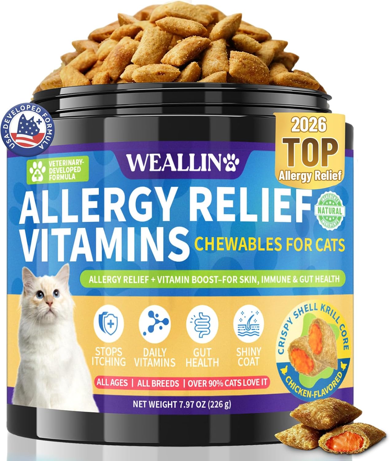 Cat Allergy Relief for Cats, Allergy Treats with Multivitamin Omega-3 Probiotic for Cats, Immunity Supports Seasonal Itching Licking & Scratching for All Breeds 500 Crunchy & Krill Core Chicken Flavor
