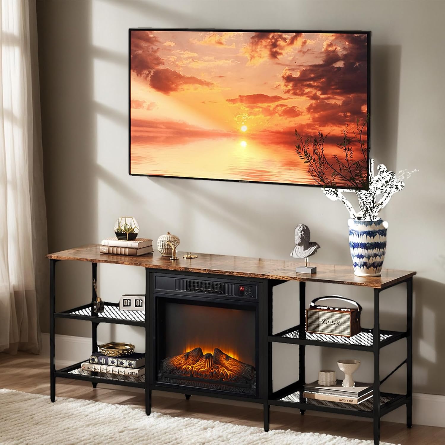 Bonnlo Industrial Fireplace TV Stand, 58" Entertainment Center with 18" Electric Fireplace Heater, TV Console with Open Metal Mesh Frame & Shelves up for 70 Inch TVs, Rustic Brown
