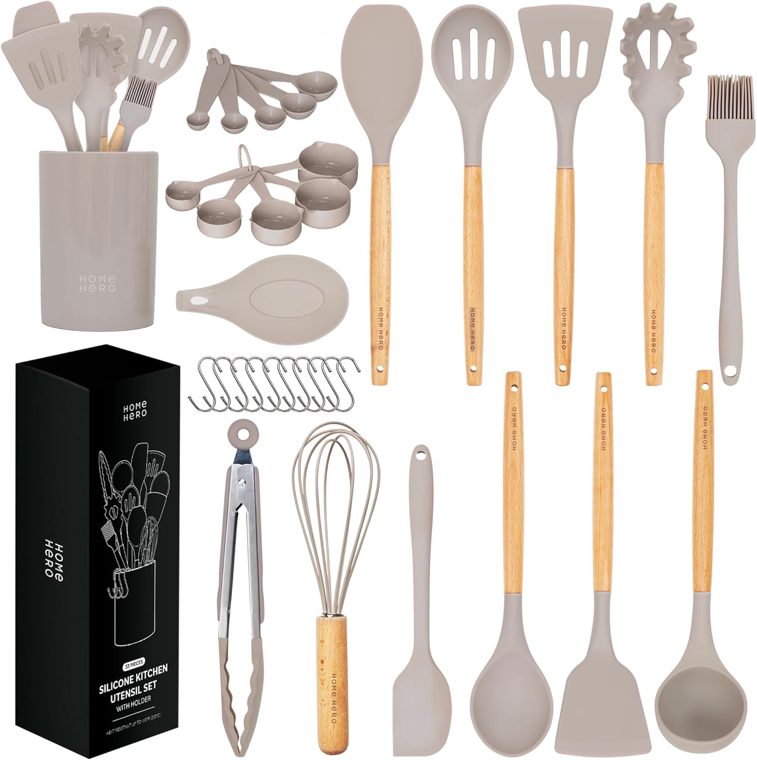 Kitchen Utensils Set - 33 pcs Non-Stick Heat Resistant Cooking Utensils Set - Spoons Turners Spatula Ladle Set - Kitchen Tools Gadgets Accessories Silicone Set - Stone