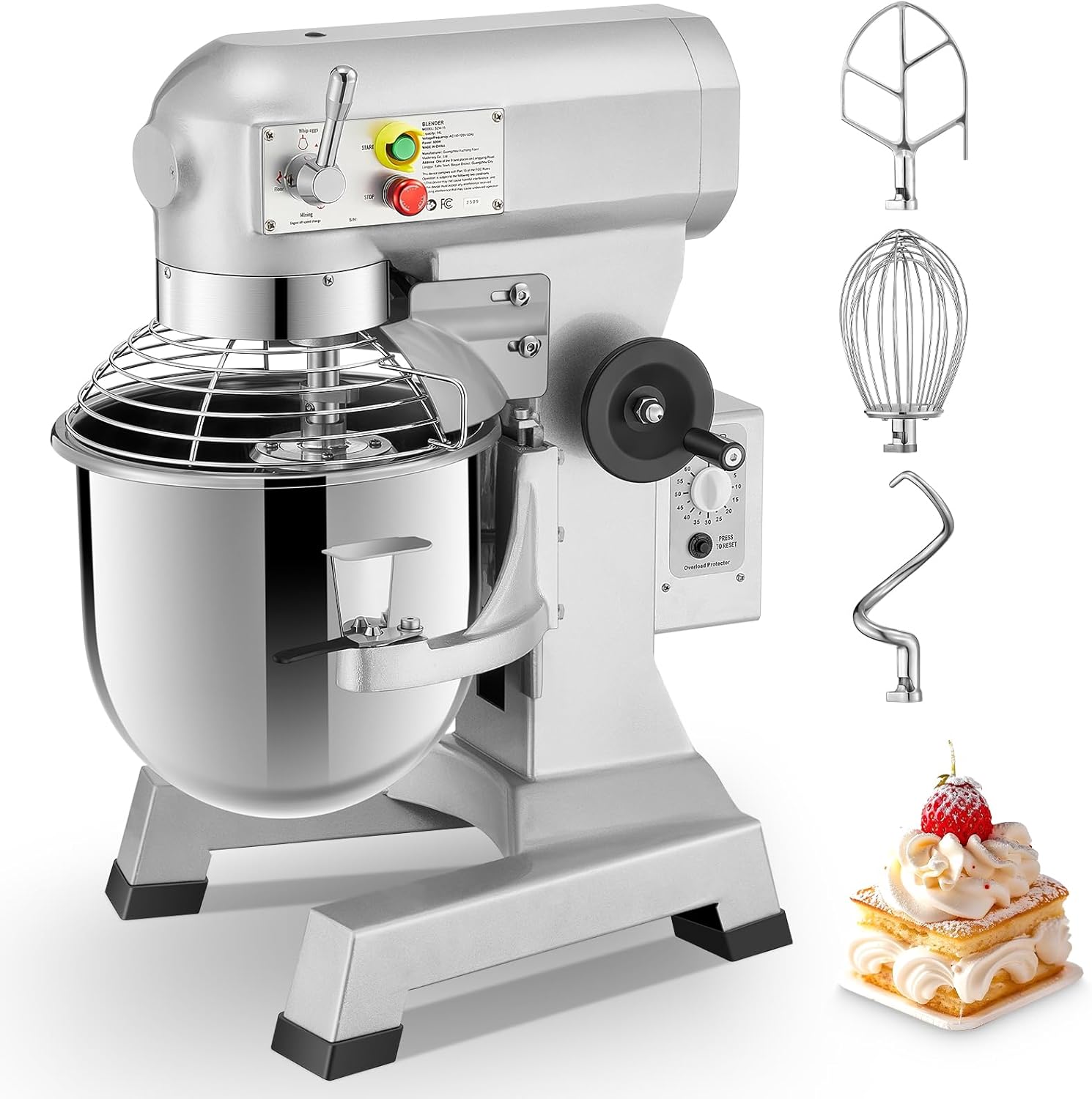 Commercial Mixer 600W 15.8Qt, with Timer, Stainless Steel Bowl & Safety Guard, 3-Speed Adjustable Heavy Duty Dough Mixer Includes Dough Hook, Flat Beater, Wire Whip for Bakeries, Pizzeria, Hotels