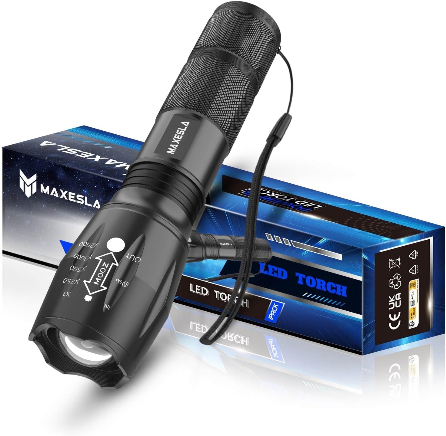 Maxesla LED Torch 2000 Lumens Gifts for Men Dad Kids, Zoomable Torches Led Super Bright Flashlight, Powerful Torches Battery Powered Water Resistant 5 Modes Mini Tactical Torch for Camping Xmas Gifts