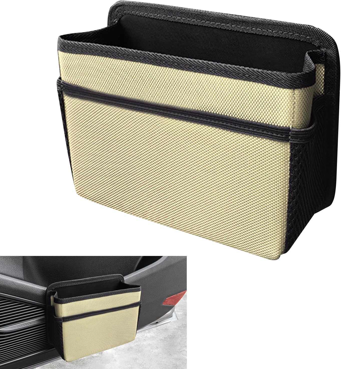 Collapsible Car Trash Can, Oxford Cloth Auto Trash Bin Hanging, Waterproof Automotive Interior Hanging Mini Dustbin Storage Bag Accessories for Vans, SUVs (Beige)