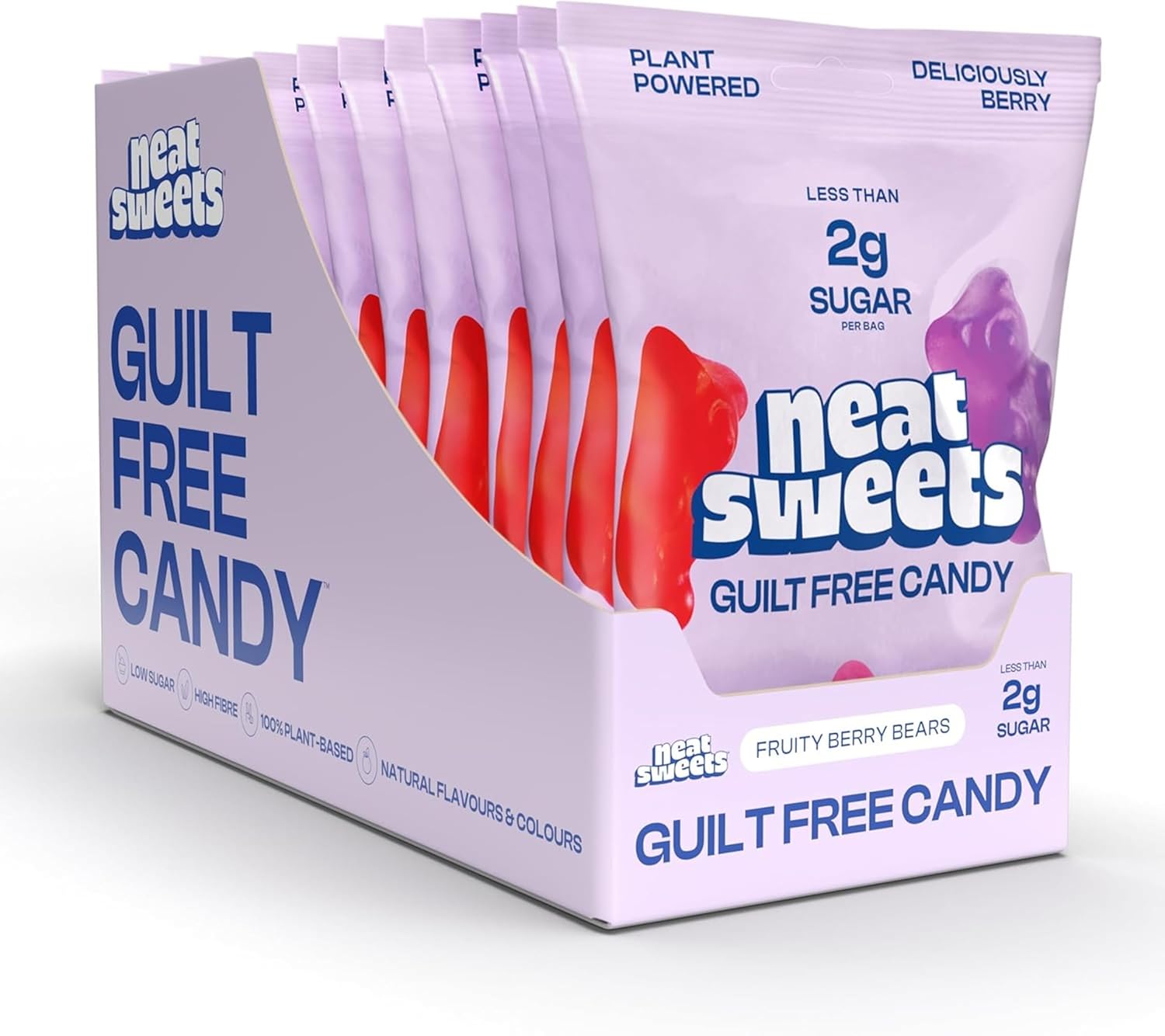 NeatSweets Vegan Sweets with Low Sugar - High Fibre, Gluten Free Plant Based Gummy Bears - 1.6g of Sugar per 50g Low Calorie No Added Sugar Guilt-Free Delicious Candy (Pack of 12, Fruity Berry)
