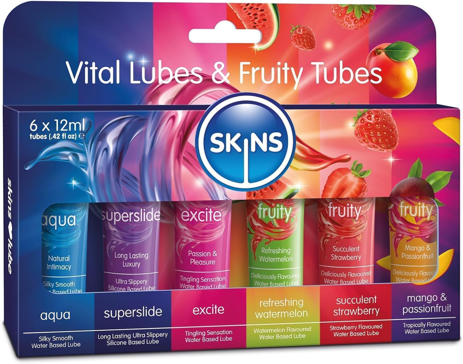 SKINS Sex Lube Set - Water Based Lube, Tingle Lube and a Silicone Lubricant, with 3 Flavored lubes for Couples - Vital Personal Lubricants & Anal Lubricant Set with Fruity Edible Lubes