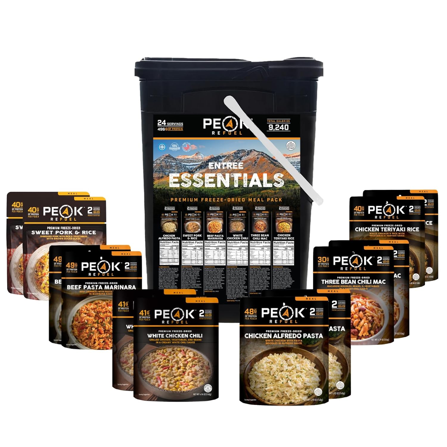 Peak Refuel Essentials Bucket | 100% Real Meat | Premium Freeze-Dried Meals for Backpacking, Camping & Survival | 24 Servings | MRE Emergency Food