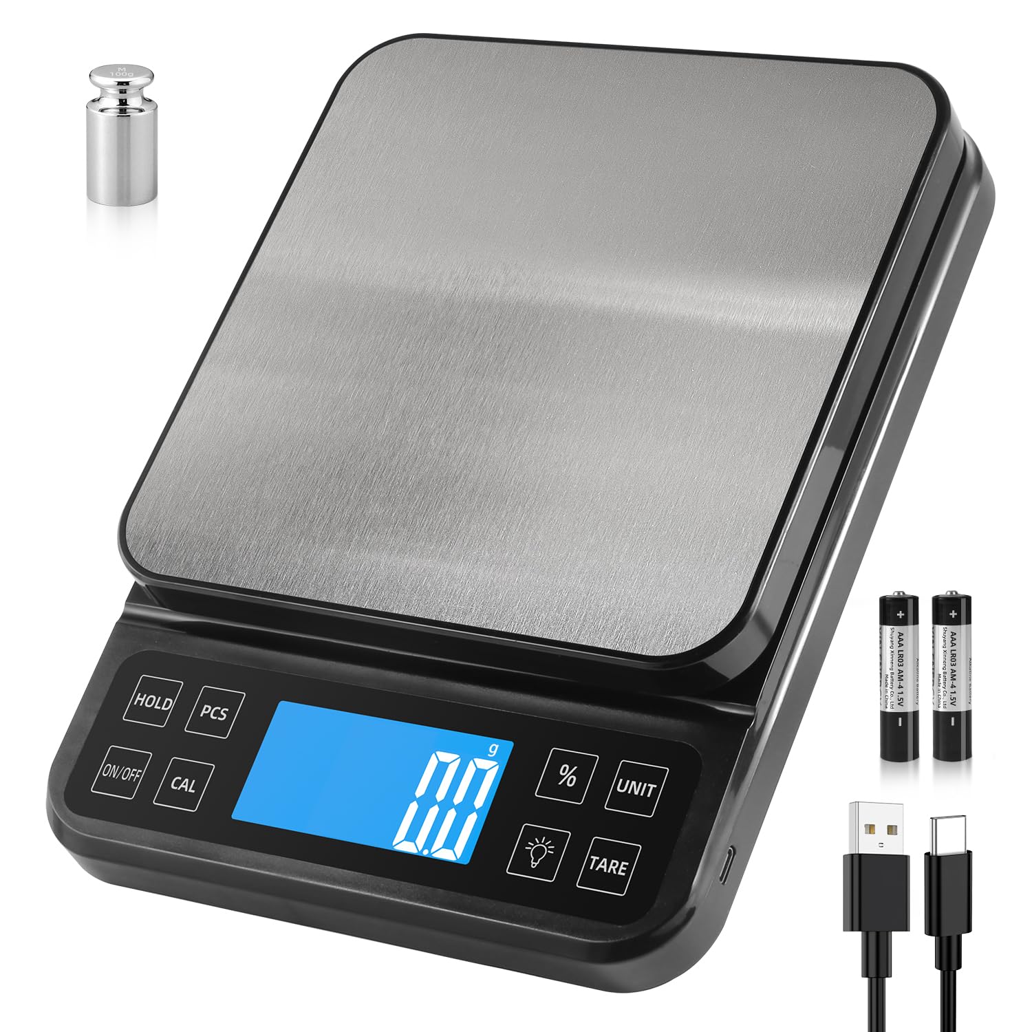 BOMATA Large Kitchen Scale with 0.1g High Precision, Capacity 5kg, Bakery Scale with% Percentage Function, USB Rechargeable, Full-View Angle LCD with Backlight, Stainless Steel Pan | 5kg Capacity Bakery Scale, USB Rechargeable, Full-View Angle LCD with Backlight, Stainless Steel Pan