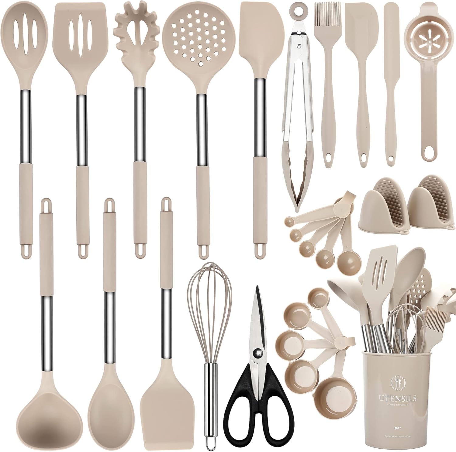 Kitchen Utensils Set, 28 Pcs Silicone Cooking Utensils Set with Holder, Spatula Set, Silicone Whisk, Scissors, Measuring Cups and Spoons Set with Stainless Steel Handle Kitchen Gadgets (Khaki)