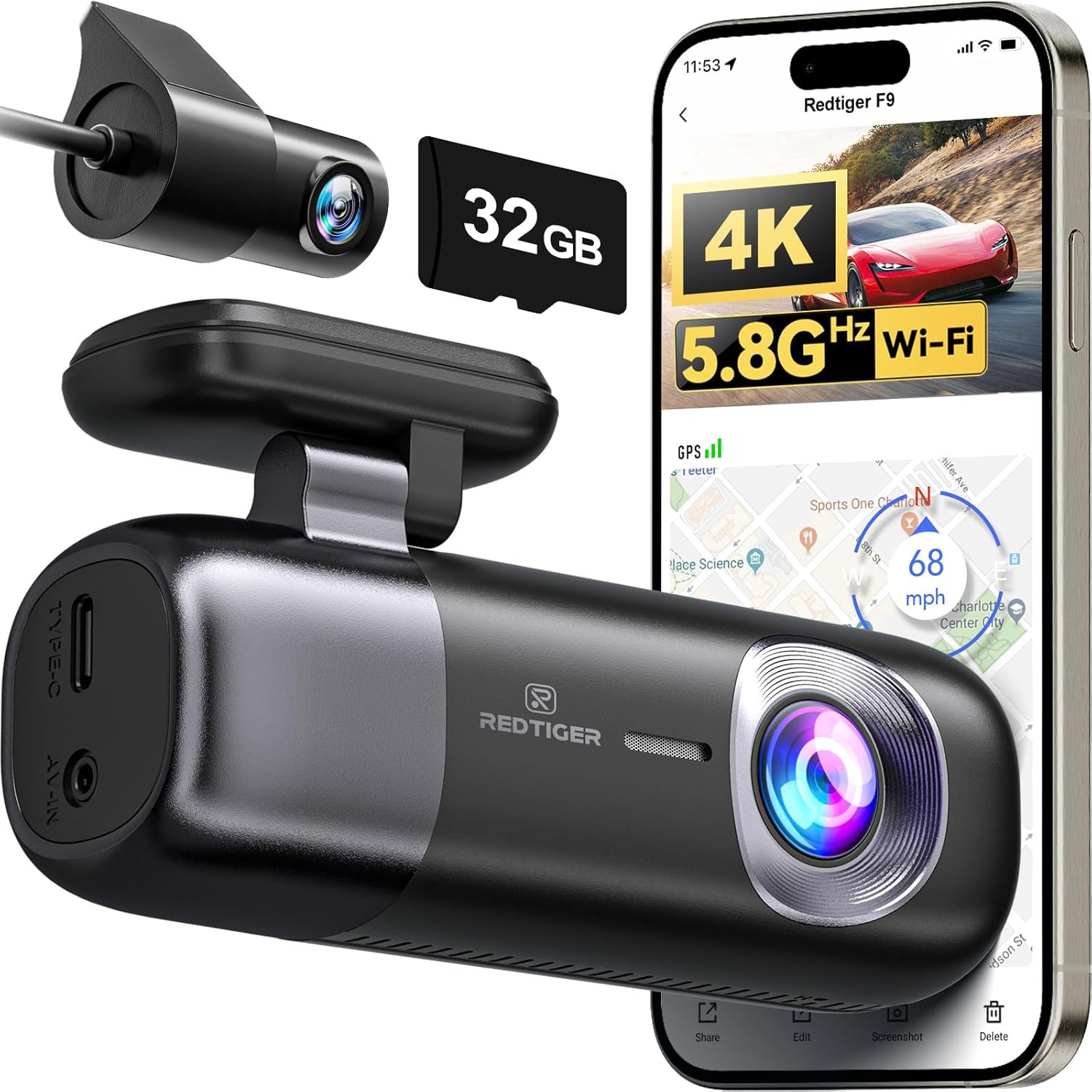 REDTIGER Dash Cam 4K Front and Rear 1080P, 5.8GHz WiFi GPS Car Camera with 32GB Card, Dual Dash Camera for Cars, Loop Recording, Night Vision, Parking Mode, App Control, Support 256GB Max