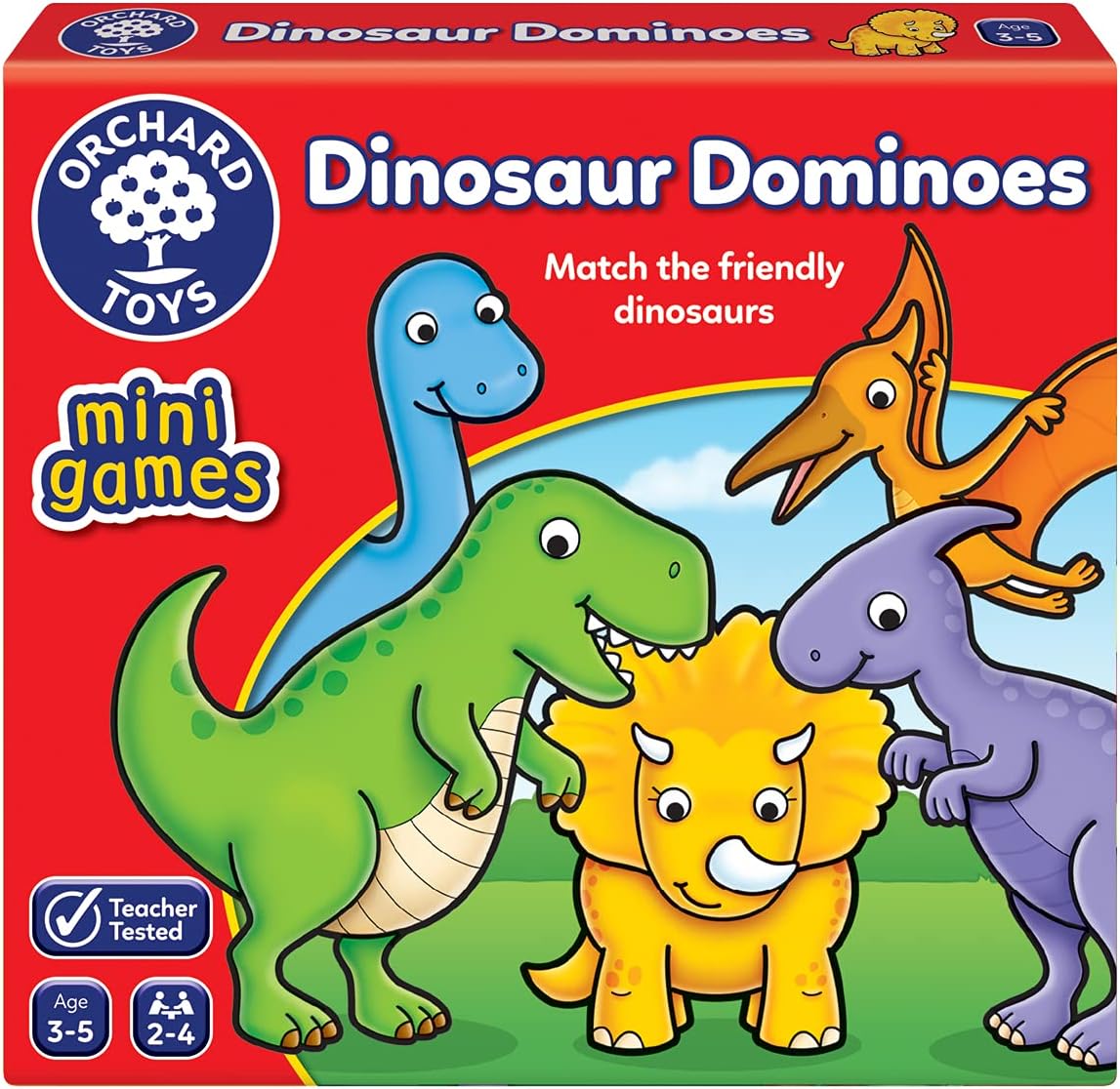 Orchard Toys Dinosaur Dominoes Mini Game, Small and Compact, Travel Game, A Fun Dinosaur Themed Domino Game, Perfect For Children Age 3-5