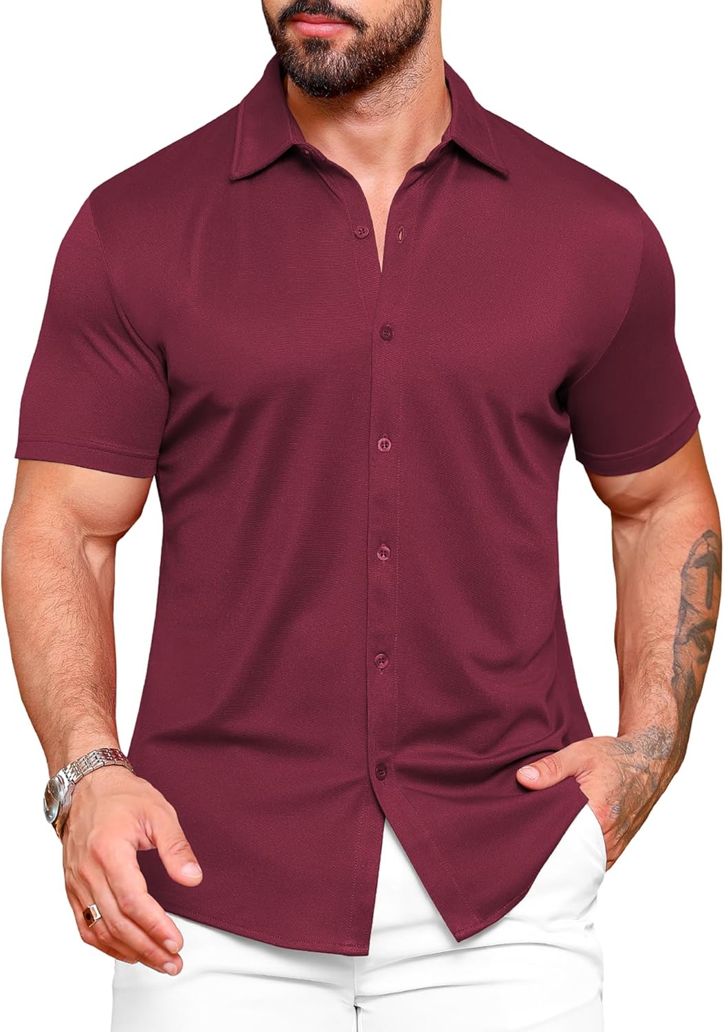 URRU Men's Muscle Dress Shirts Slim Fit Stretch Wrinkle Free Short Sleeve Casual Button Down Shirts