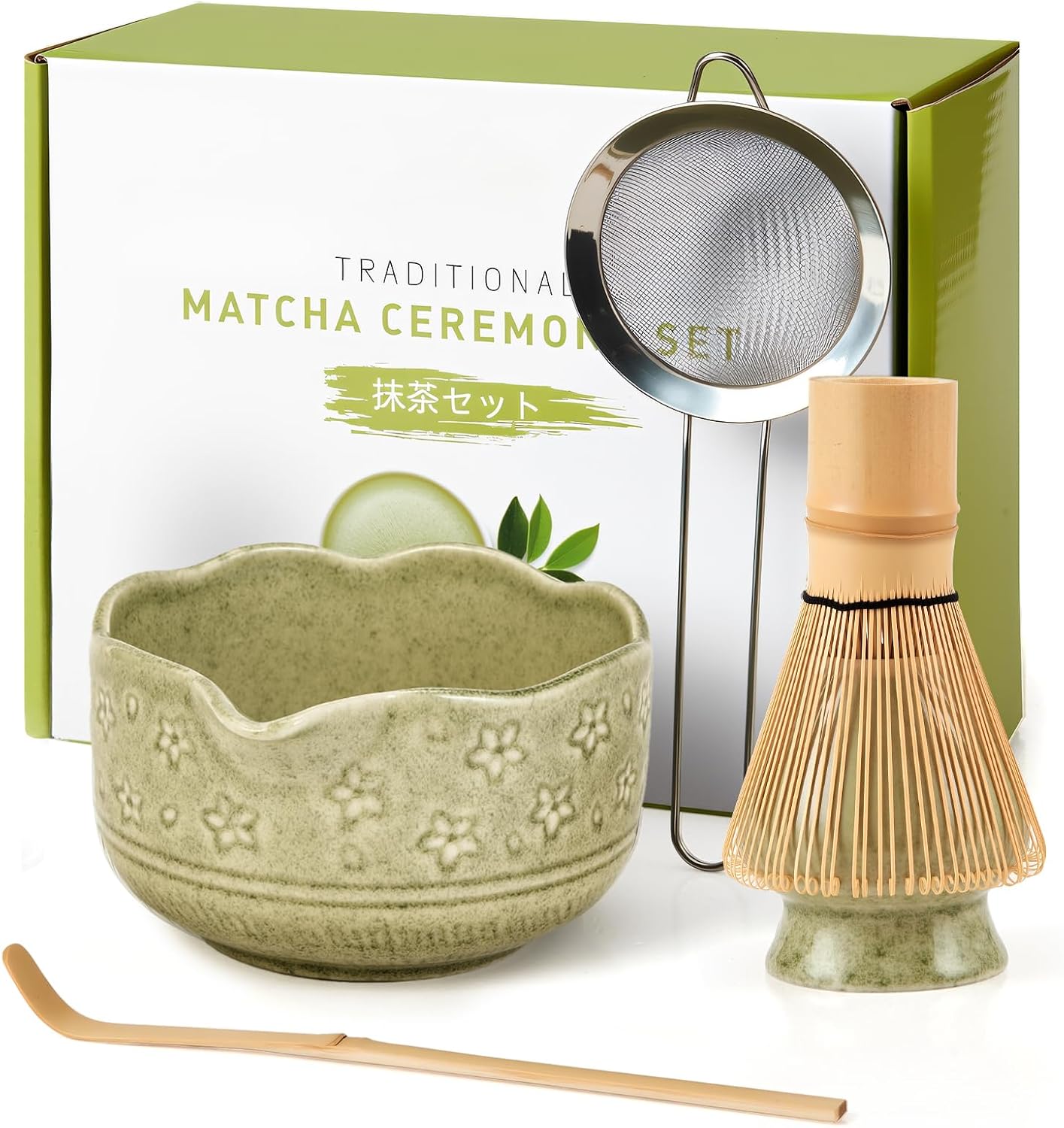 5Pcs Matcha Whisk Set, 18OZ Bowl With Spout, Japanese Ceremony Matcha Whisks Kit, 100% Natural Bamboo Whisk, Ceramic Whisk Holder (Green), Stainless Sifter, Tea Scoop, Gift for Matcha Lovers Beginner