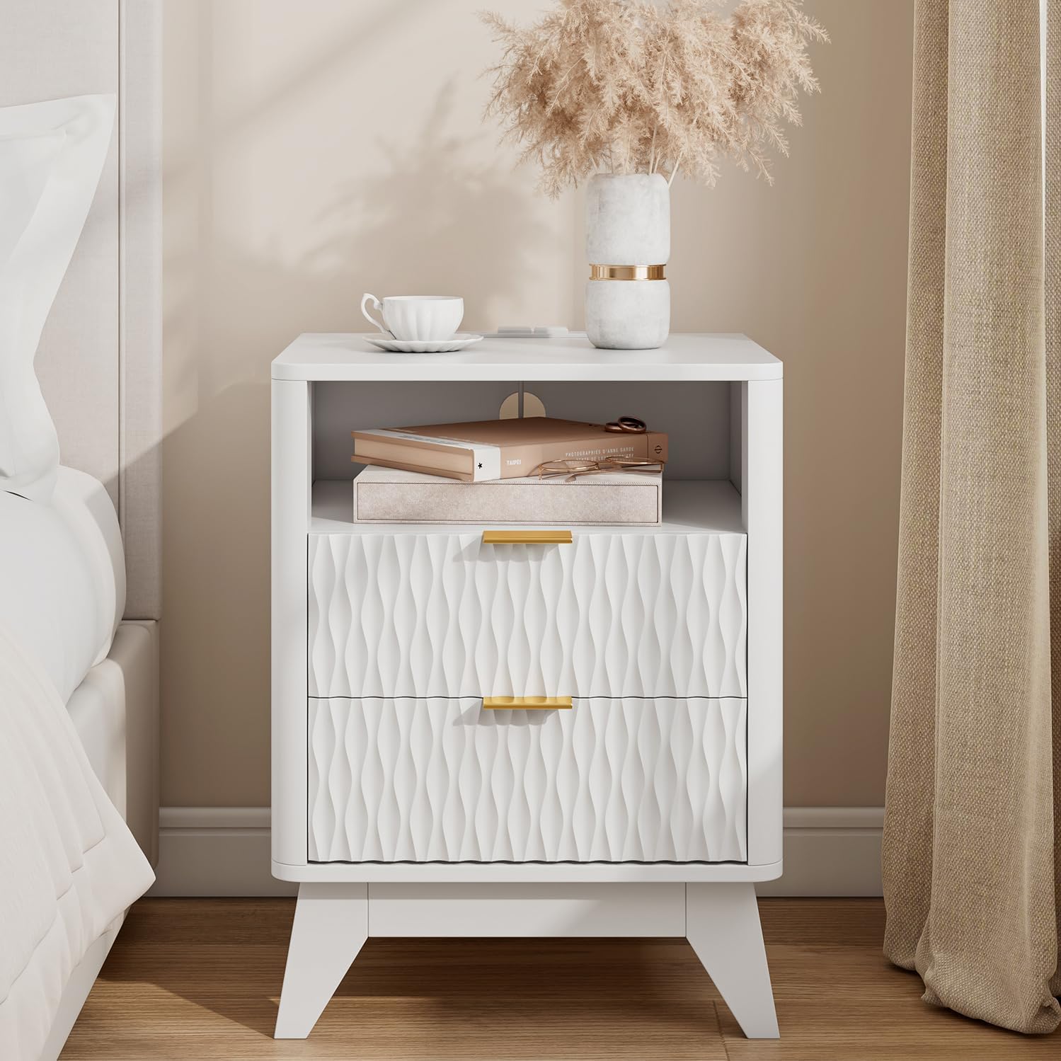 Cooday Fluted Nightstand with Charging Station, 18" Modern End Table with Storage Drawers, Bedside Table for Bedroom, White (1 Piece)