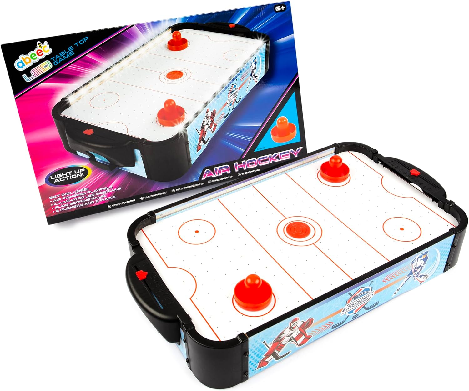 abeec Tabletop Air Hockey Game – LED Light-Up Air Hockey Table for Kids & Adults – Compact & Portable Set with 2 Pushers & 2 Pucks – Family Fun & Arcade Thrills