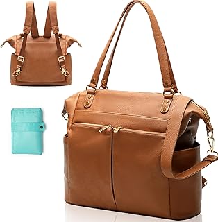 MOMINSIDE Diaper Bag Tote, 4 in 1 Leather Diaper Bag Backpack with 14 Pockets, Convertible Baby Bag for Boys Girls, Baby Registry, Changing Pad, 4 Large Insulated Pockets(Brown)