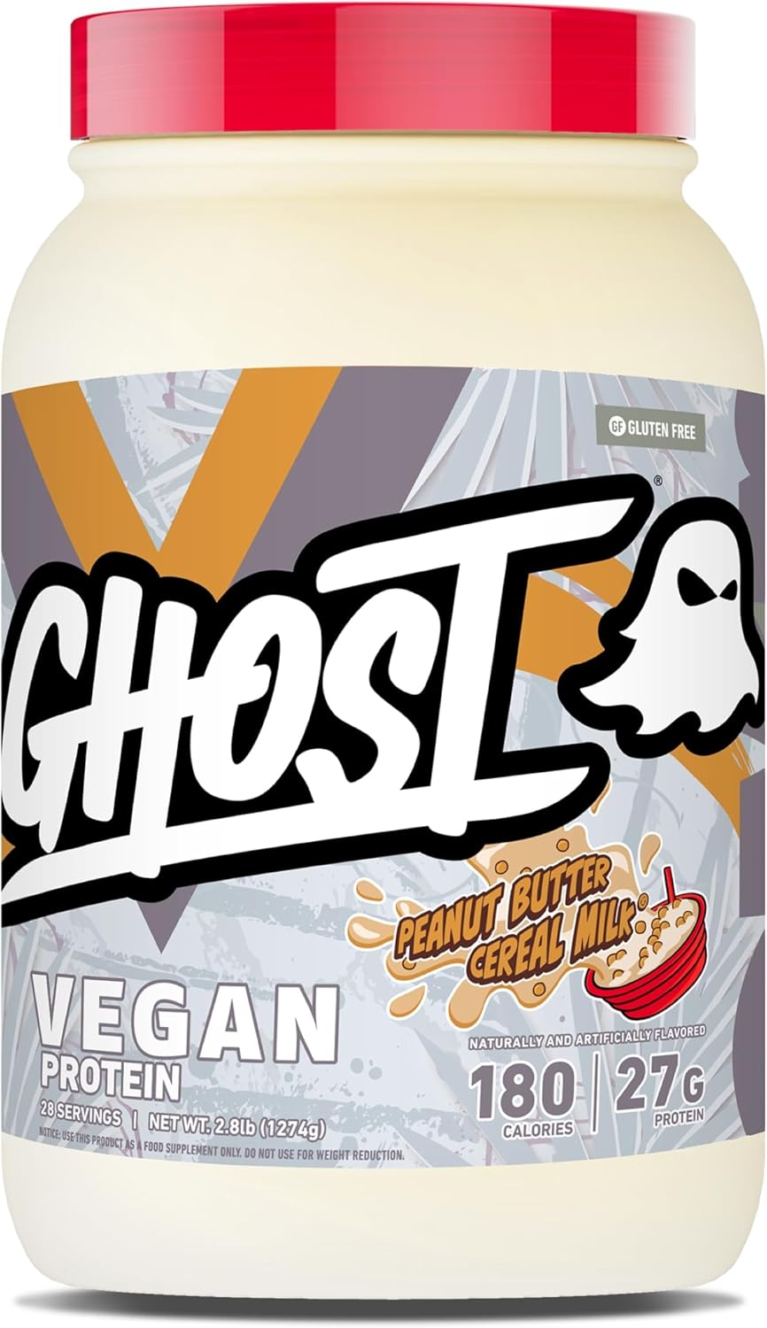 GHOST Vegan V2 Protein Powder, Peanut Butter Cereal Milk - 2LB Tub, 27G of Protein - Plant-Based Pea & Organic Pumpkin Blend Protein with Fiber & Iron Flavored Post Workout Shakes - Soy & Gluten Free