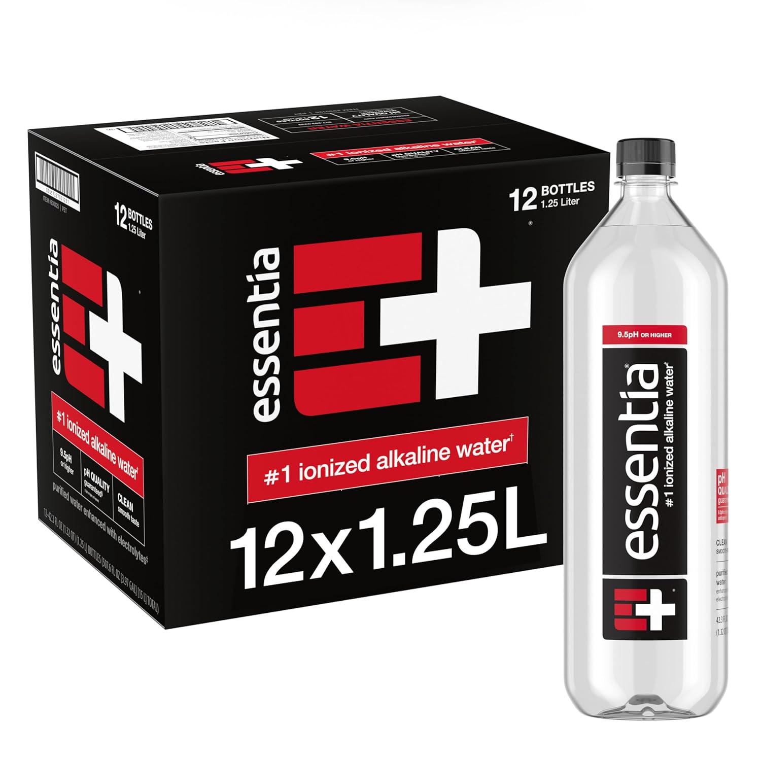 Essentia Water LLC , 99.9% Pure, Infused with Electrolytes for a Smooth Taste, pH 9.5 or Higher; Ionized Alkaline Water, Black, 42.3 Fl Oz (Pack of 12)