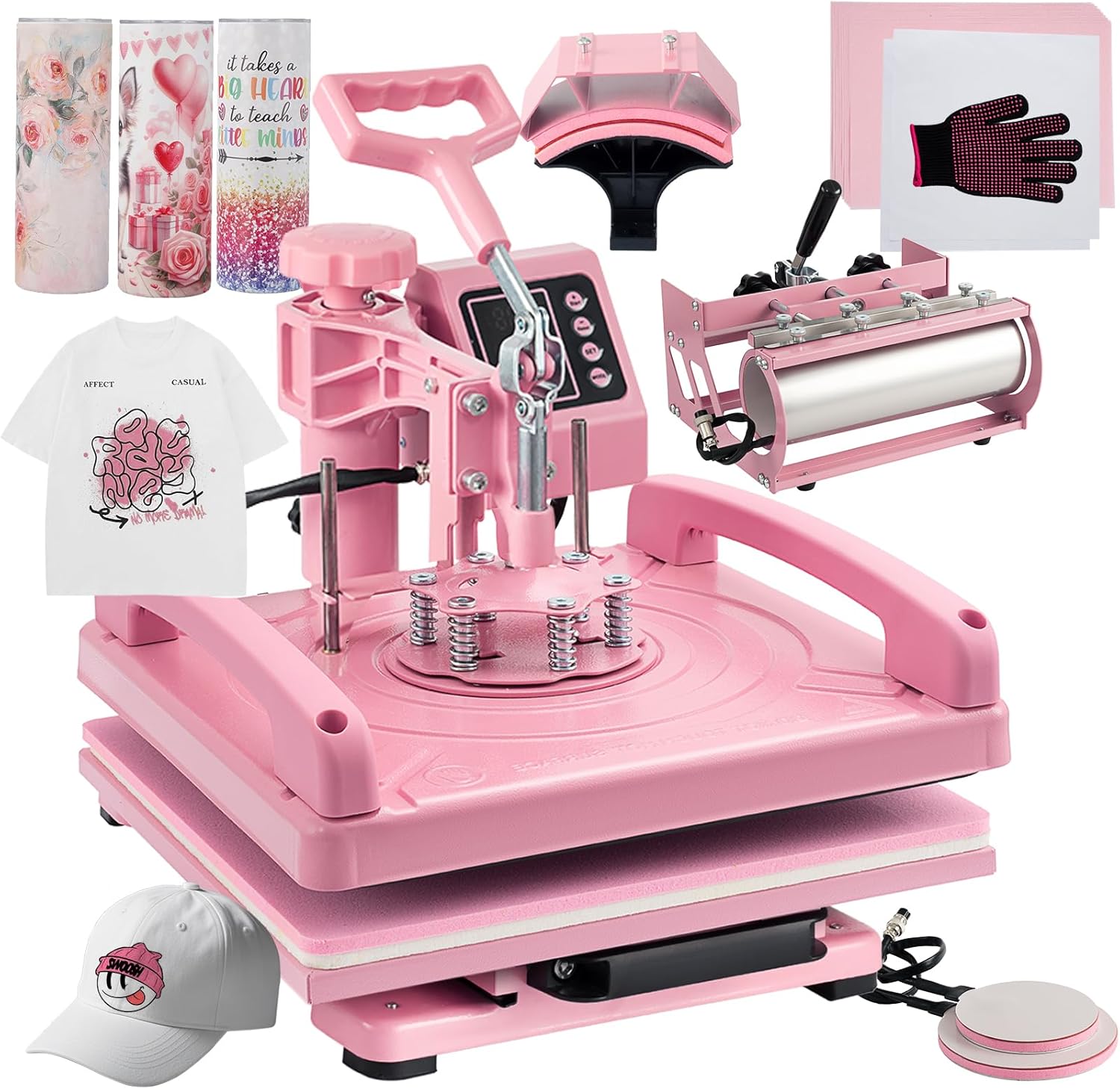 5 in 1 Heat Press Machine 15x15 Inch, Heat Press Machine for T Shirts Hat Cap Mug Plate 360° Swing Away, Sublimation Heat Press Heat Transfer Machine W/ 30OZ Tumbler Press Pink