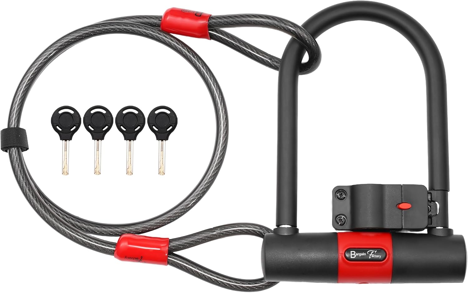 BARGAIN FACTORY Bike Lock, U Lock 18mm Extra Heavy Duty, with 4 Keys, 1.2m Long Cable, Mounting Bracket and Key, for Road Bike, Electric Bike, Mountain Bike